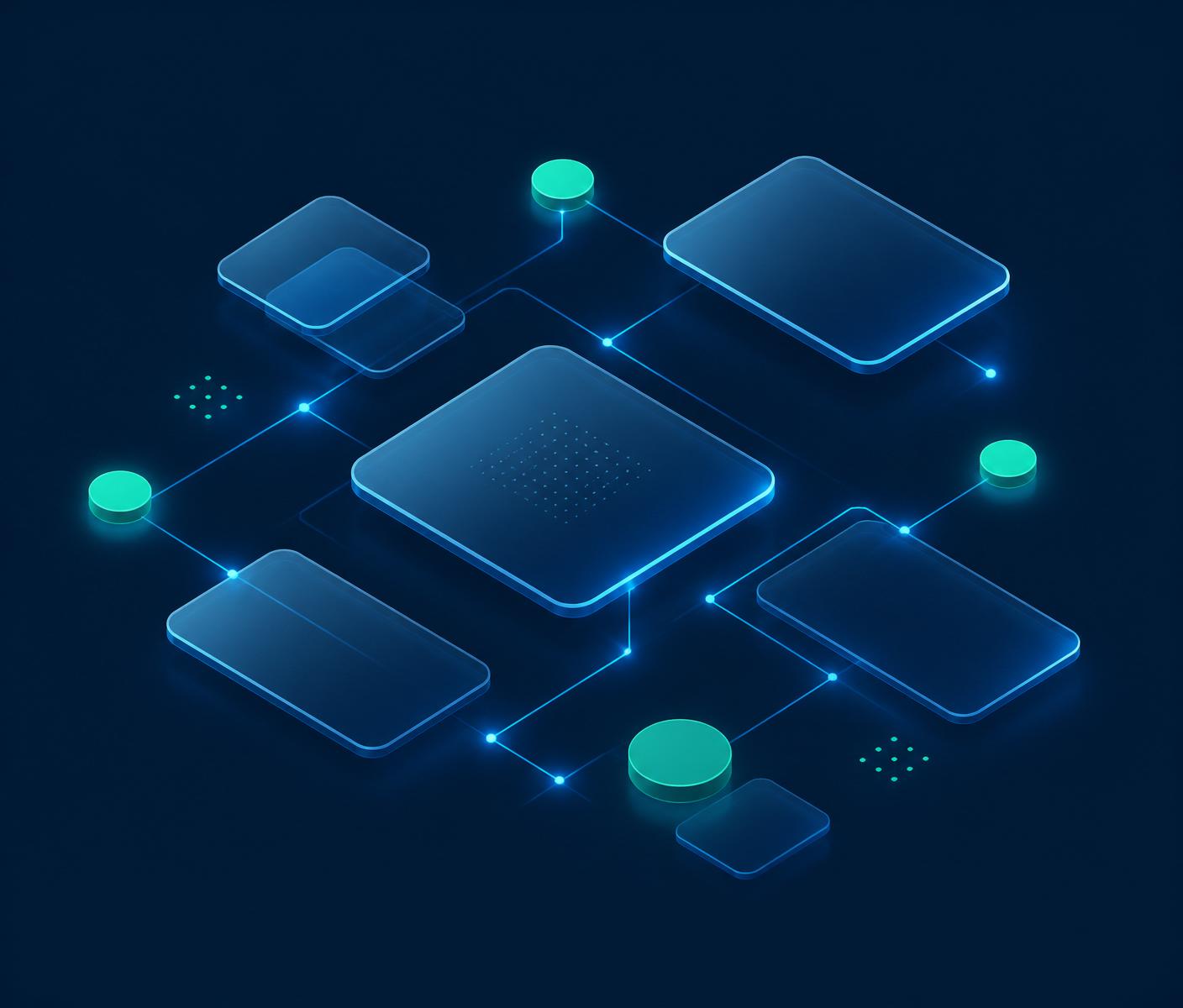 Ilustração de módulos conectados representando CRM, ERP, dashboards e APIs
